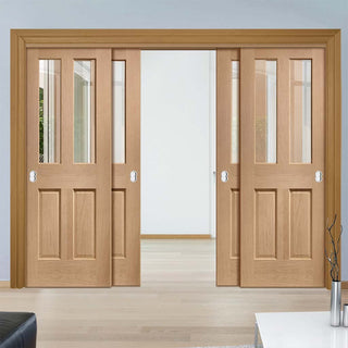 Image: Bespoke Thruslide Malton Oak Glazed - 4 Sliding Doors and Frame Kit - Prefinished