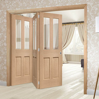 Image: Three Folding Doors & Frame Kit - Malton Oak 3+0 - No Raised Mouldings - Bevelled Clear Glass - Prefinished