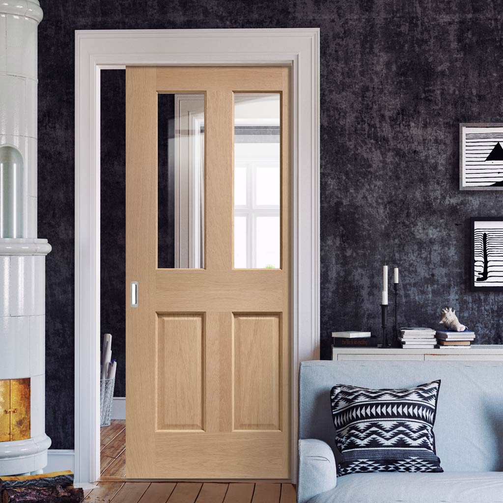 Bespoke Malton Oak Glazed Single Pocket Door - No Raised Mouldings - Prefinished