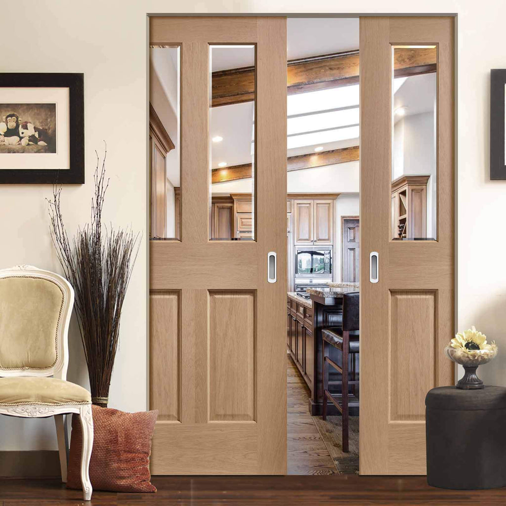 Bespoke Malton Oak Glazed Double Frameless Pocket Door - No Raised Mouldings - Prefinished