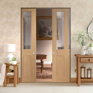 Image: Bespoke Malton Oak Shaker 2P & 2L Glazed Double Frameless Pocket Door