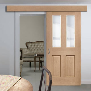 Image: Single Sliding Door & Wall Track - Malton Oak Door - Bevelled Clear Glass - Unfinished