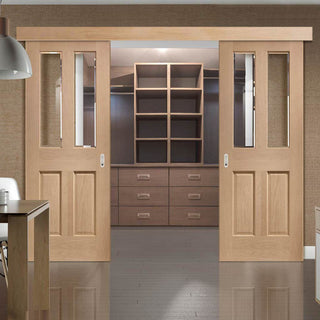 Image: Bespoke Thruslide Surface Malton Oak Glazed - Sliding Double Door and Track Kit - Prefinished