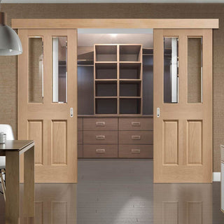 Image: Double Sliding Door & Wall Track - Malton Oak Doors - Bevelled Clear Glass - Unfinished