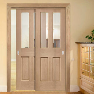 Image: Two Sliding Doors and Frame Kit - Malton Oak Door - Bevelled Clear Glass - Unfinished