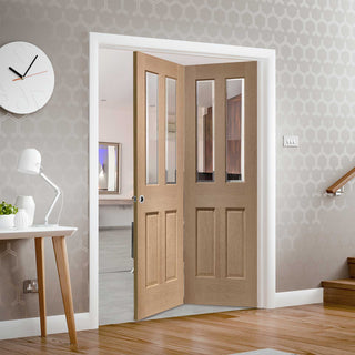 Image: Two Folding Doors & Frame Kit - Malton Oak 2+0 - No Raised Mouldings - Bevelled Clear Glass - Prefinished