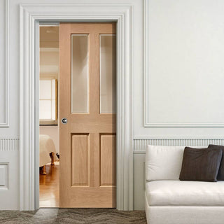 Image: Malton Oak Single Evokit Pocket Door - No Raised Moulding - Bevelled Clear Glass - Prefinished