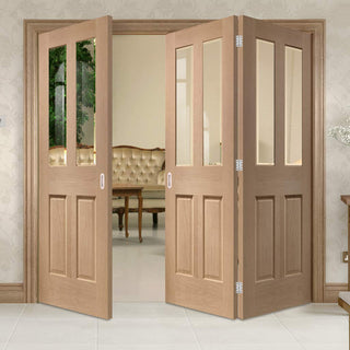 Image: Three Folding Doors & Frame Kit - Malton Oak 2+1 - No Raised Mouldings - Bevelled Clear Glass - Prefinished