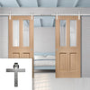 Double Sliding Door & Stainless Steel Barn Track - Malton Oak Door - No Raised Mouldings - Bevelled Clear Glass - Prefinished