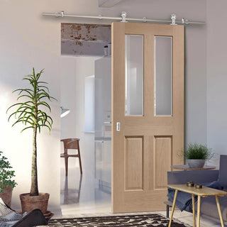 Image: Sirius Tubular Stainless Steel Sliding Track & Malton Oak Door - Bevelled Clear Glass - Prefinished