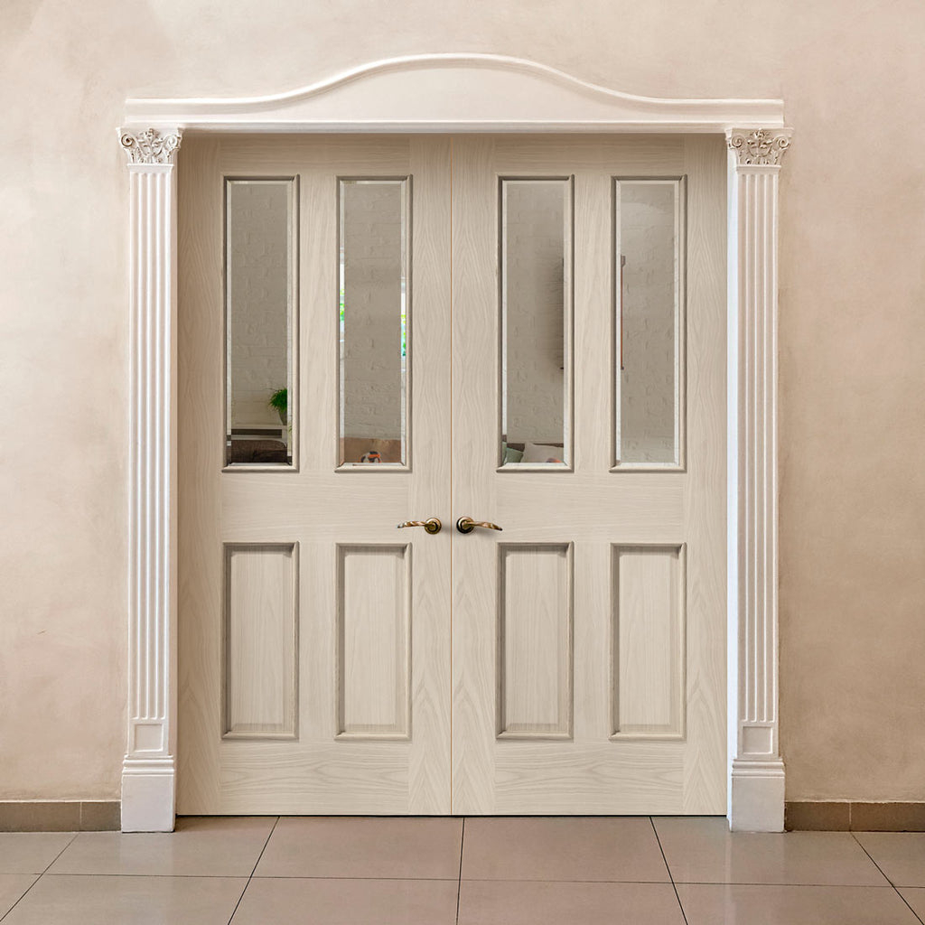 Prefinished Malton Oak Glazed Door Pair - Raised Mouldings - Bevelled Clear Glass - Choose Your Colour