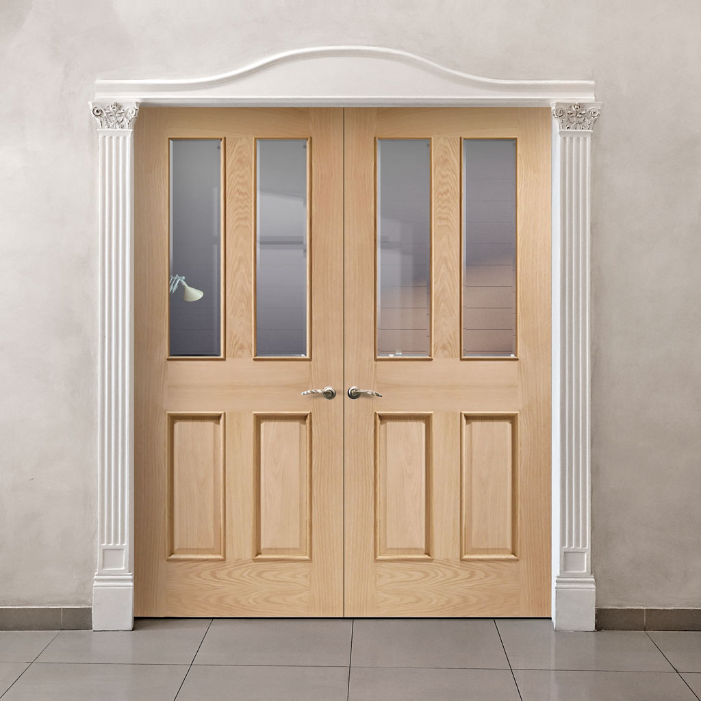 Malton Oak Glazed Internal Door Pair - Raised Mouldings - Bevelled Clear Glass