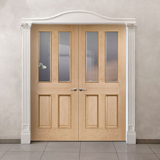 Image: Malton Oak Glazed Internal Door Pair - Raised Mouldings - Bevelled Clear Glass