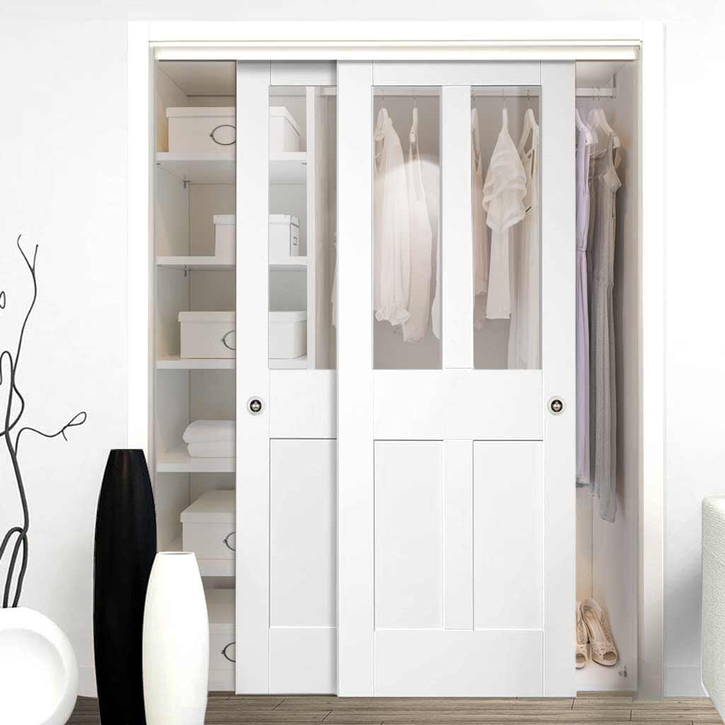 Bespoke Thruslide Malton Shaker Glazed 2 Door Wardrobe and Frame Kit - White Primed - White Primed