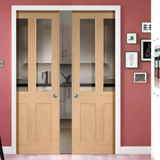 Image: Bespoke Malton Oak Shaker 2P & 2L Glazed Double Pocket Door