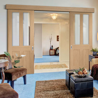 Image: Double Sliding Door & Wall Track - Malton Oak Shaker 2 Pane & 2 Pane Door - Clear Glass