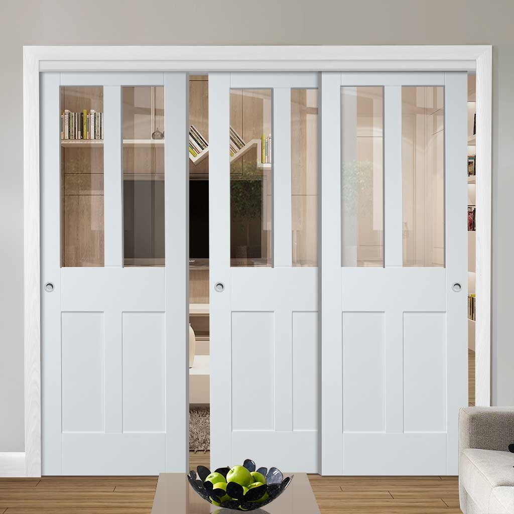 Bespoke Thruslide Malton Shaker Glazed - 3 Sliding Doors and Frame Kit - White Primed