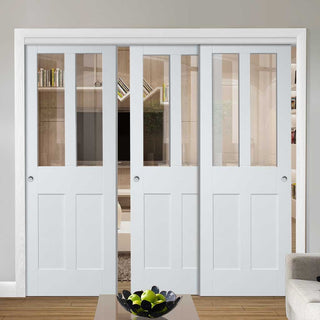 Image: Bespoke Thruslide Malton Shaker Glazed - 3 Sliding Doors and Frame Kit - White Primed