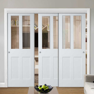 Image: Three Sliding Doors and Frame Kit - Malton Shaker Door - Clear Glass - White Primed