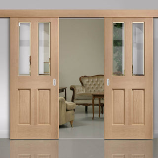 Image: Bespoke Thruslide Surface Malton Oak Glazed - Sliding Double Door and Track Kit