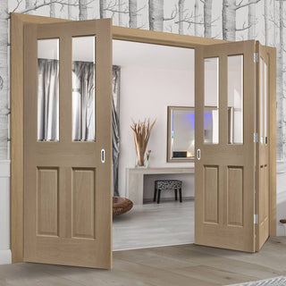 Image: Three Folding Doors & Frame Kit - Malton Oak 2+1 - Bevelled Clear Glass - No Raised Mouldings - Unfinished