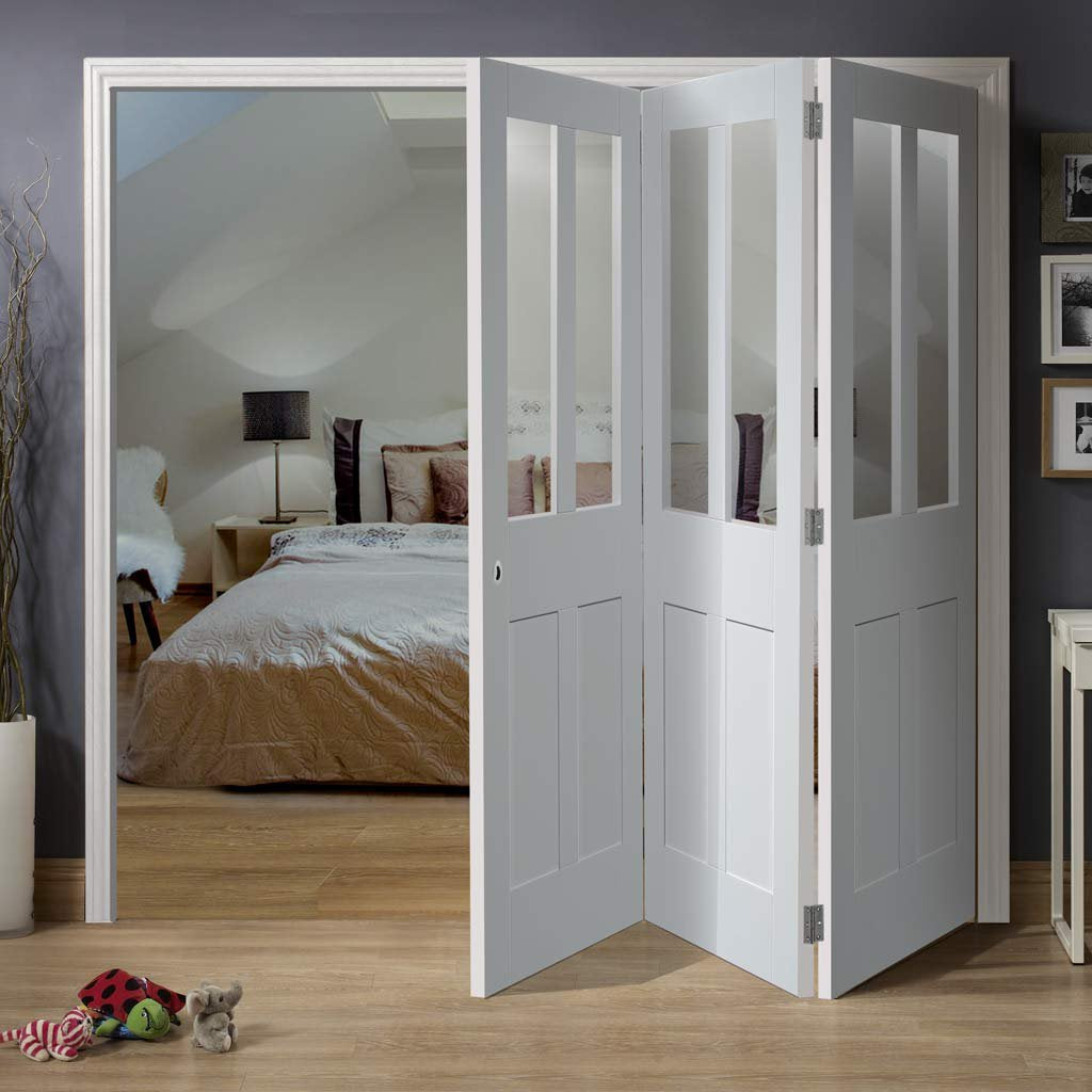 Three Folding Doors & Frame Kit - Malton Shaker 3+0 - Clear Glass - White Primed