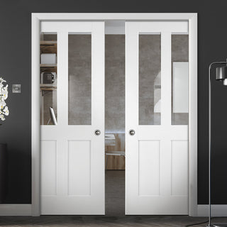 Image: Bespoke Malton Shaker White Primed Glazed Double Pocket Door