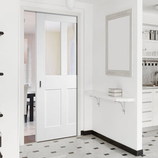 Image: Bespoke Malton Shaker White Primed Glazed Single Pocket Door