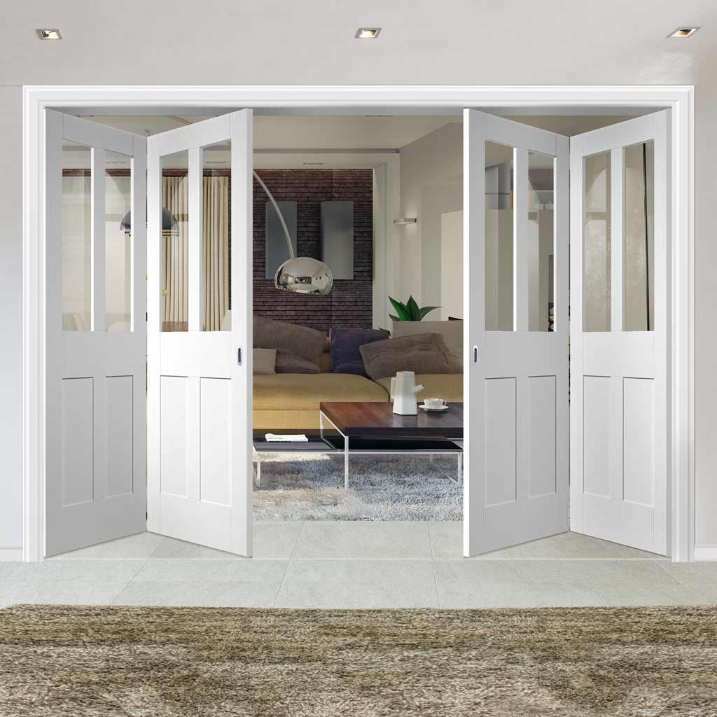Four Folding Doors & Frame Kit - Malton Shaker 2+2 - Clear Glass - White Primed