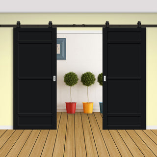 Image: Top Mounted Black Sliding Track & Solid Wood Double Doors - Eco-Urban® Malvan 4 Panel Doors DD6414 - Shadow Black Premium Primed