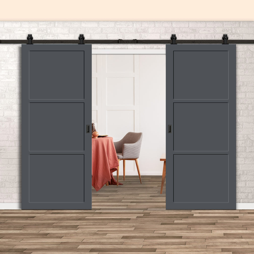 Top Mounted Black Sliding Track & Solid Wood Double Doors - Eco-Urban® Manchester 3 Panel Doors DD6305 - Stormy Grey Premium Primed