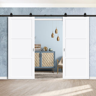 Image: Top Mounted Black Sliding Track & Solid Wood Double Doors - Eco-Urban® Manchester 3 Panel Doors DD6305 - Cloud White Premium Primed