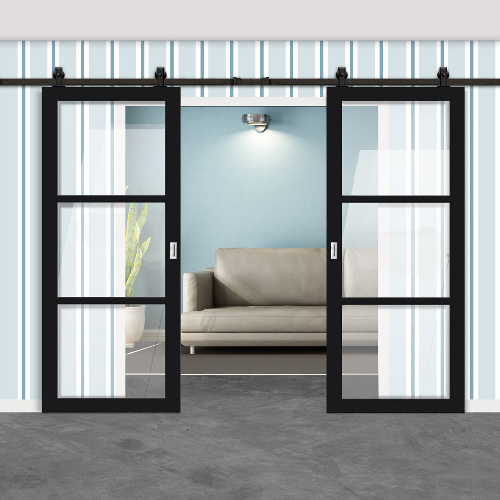 Top Mounted Black Sliding Track & Solid Wood Double Doors - Eco-Urban® Manchester 3 Pane Doors DD6306G - Clear Glass - Shadow Black Premium Primed