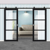 Top Mounted Black Sliding Track & Solid Wood Double Doors - Eco-Urban® Manchester 3 Pane Doors DD6306G - Clear Glass - Shadow Black Premium Primed