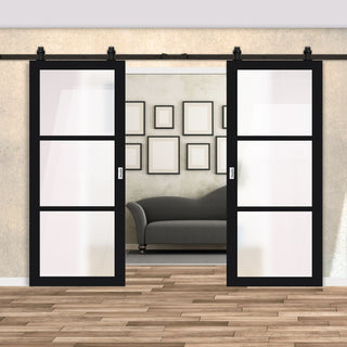 Image: Top Mounted Black Sliding Track & Solid Wood Double Doors - Eco-Urban® Manchester 3 Pane Doors DD6306SG - Frosted Glass - Shadow Black Premium Primed