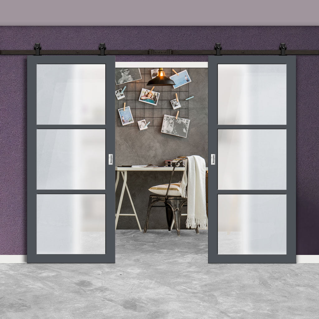 Top Mounted Black Sliding Track & Solid Wood Double Doors - Eco-Urban® Manchester 3 Pane Doors DD6306SG - Frosted Glass - Stormy Grey Premium Primed