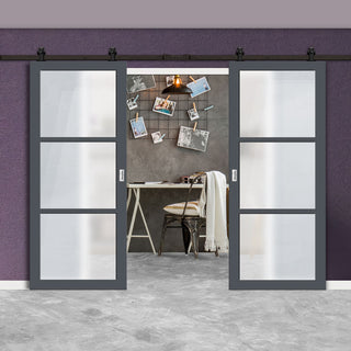 Image: Top Mounted Black Sliding Track & Solid Wood Double Doors - Eco-Urban® Manchester 3 Pane Doors DD6306SG - Frosted Glass - Stormy Grey Premium Primed