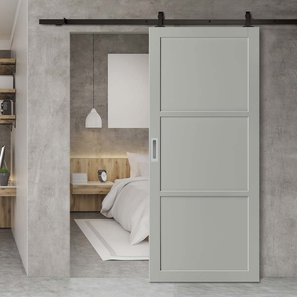 Top Mounted Black Sliding Track & Solid Wood Door - Eco-Urban® Manchester 3 Panel Solid Wood Door DD6305 - Mist Grey Premium Primed