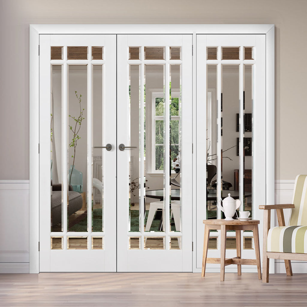 ThruEasi Room Divider - Manhattan Bevelled Clear Glass White Primed Double Doors with Single Side