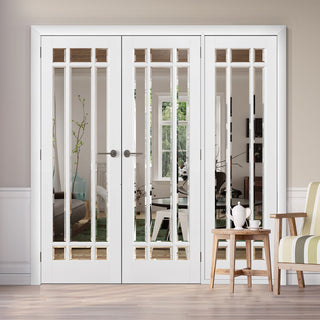 Image: ThruEasi Room Divider - Manhattan Bevelled Clear Glass White Primed Double Doors with Single Side