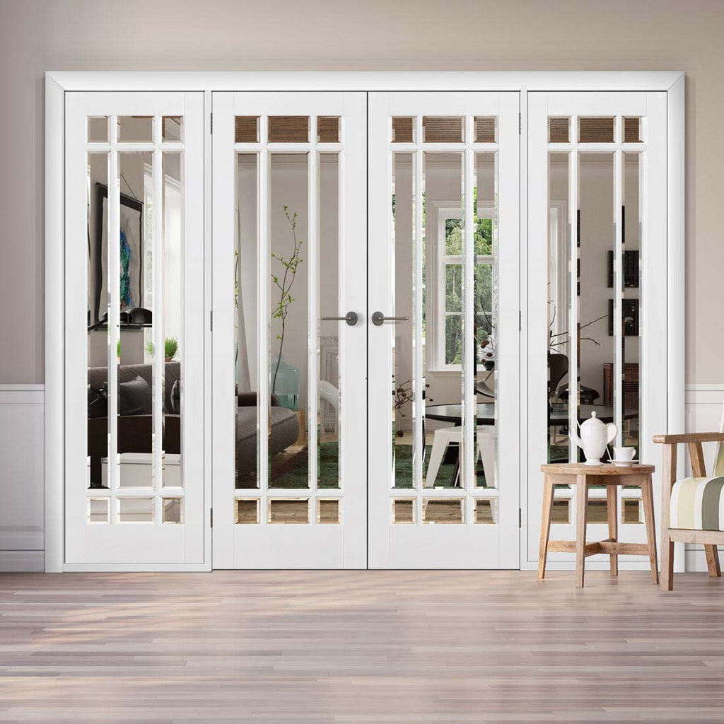 ThruEasi Room Divider - Manhattan Bevelled Clear Glass White Primed Double Doors with Double Sides