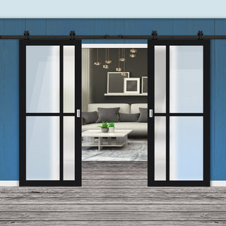 Image: Top Mounted Black Sliding Track & Solid Wood Double Doors - Eco-Urban® Marfa 4 Pane Doors DD6313SG - Frosted Glass - Shadow Black Premium Primed