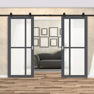 Image: Top Mounted Black Sliding Track & Solid Wood Double Doors - Eco-Urban® Marfa 4 Pane Doors DD6313SG - Frosted Glass - Stormy Grey Premium Primed