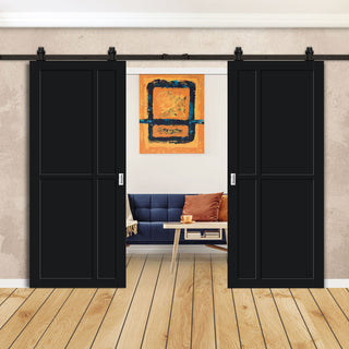 Image: Top Mounted Black Sliding Track & Solid Wood Double Doors - Eco-Urban® Marfa 4 Panel Doors DD6313 - Shadow Black Premium Primed