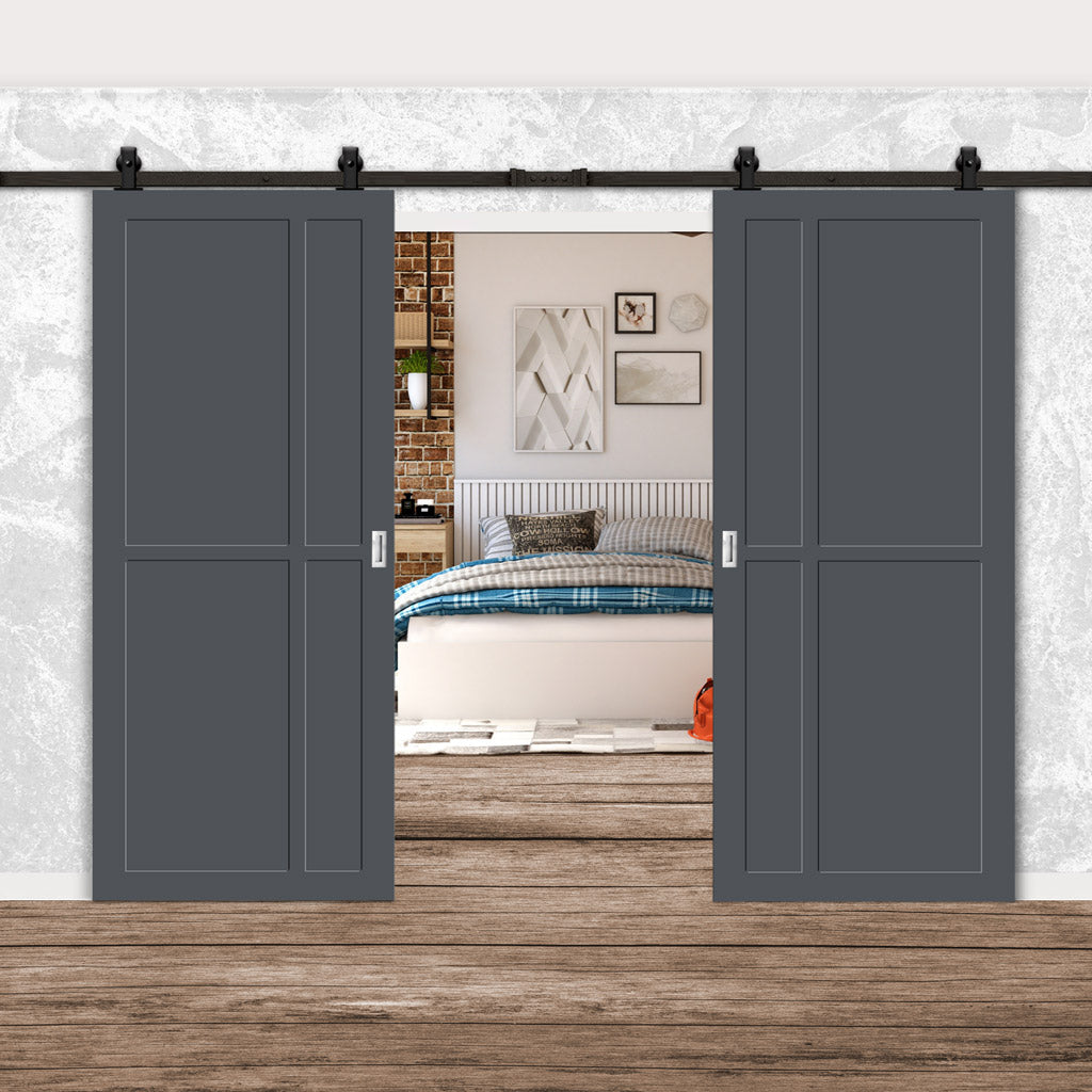 Top Mounted Black Sliding Track & Solid Wood Double Doors - Eco-Urban® Marfa 4 Panel Doors DD6313 - Stormy Grey Premium Primed