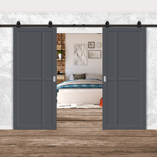 Image: Top Mounted Black Sliding Track & Solid Wood Double Doors - Eco-Urban® Marfa 4 Panel Doors DD6313 - Stormy Grey Premium Primed