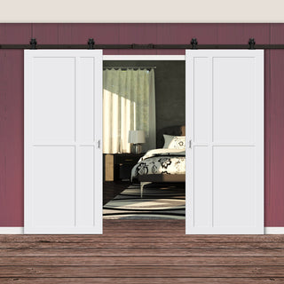 Image: Top Mounted Black Sliding Track & Solid Wood Double Doors - Eco-Urban® Marfa 4 Panel Doors DD6313 - Cloud White Premium Primed