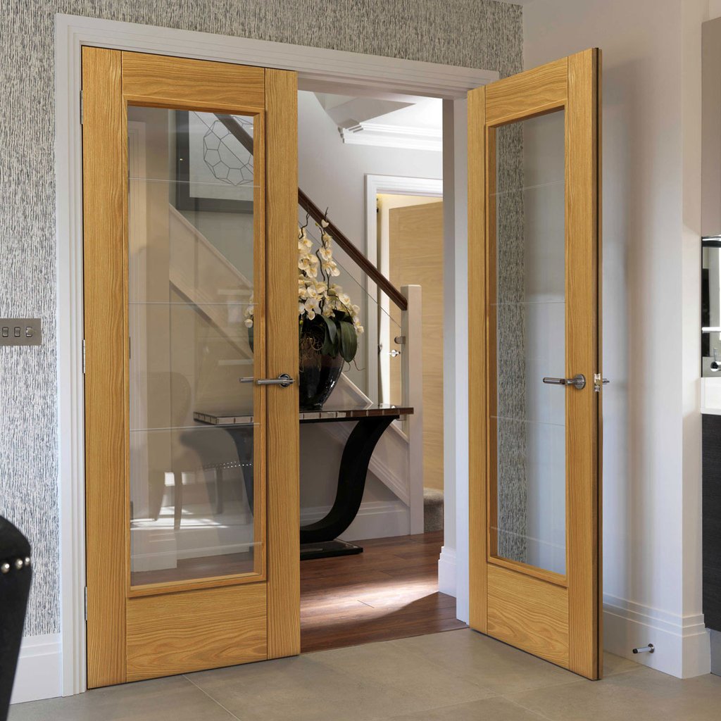 J B Kind Medina Oak Door Pair - Clear Lined Glass - Prefinished