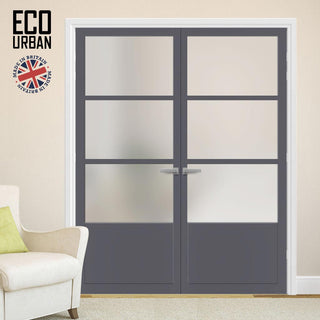 Image: Eco-Urban Staten 3 Pane 1 Panel Solid Wood Internal Door Pair UK Made DD6310SG - Frosted Glass - Eco-Urban® Stormy Grey Premium Primed