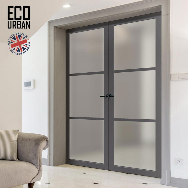 Eco-Urban Manchester 3 Pane Solid Wood Internal Door Pair UK Made DD6306SG - Frosted Glass - Eco-Urban® Stormy Grey Premium Primed